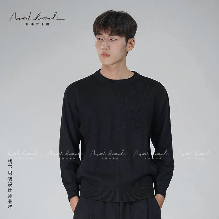 北纬三十度拼接绵羊毛圆领毛衫男装2025秋冬加绒休闲百搭长袖毛衫