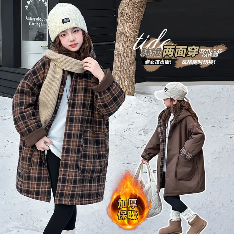 女童冬款中长款外套洋气中大童6-12岁冬季新款韩版时尚两面穿棉服