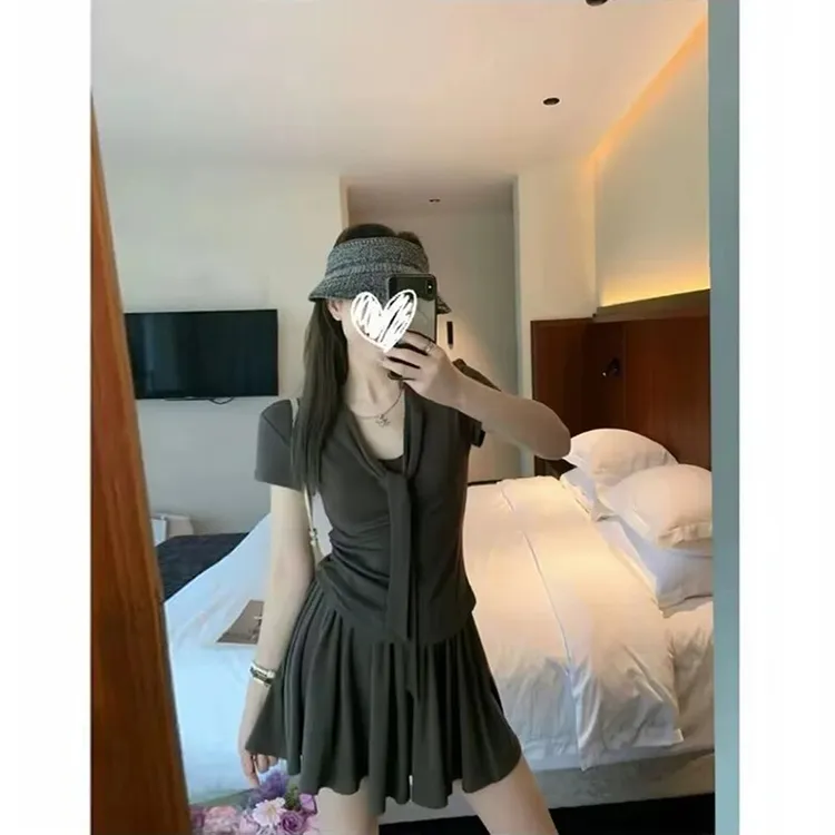 休闲海军领短袖上衣+2025夏季新款女装纯色高腰半身裙裤装套装潮