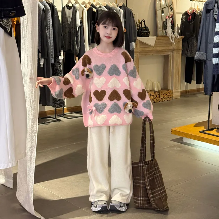 韩版女童爱心带可爱公仔毛衣2025秋冬设计羊绒云朵裤加绒加厚直筒