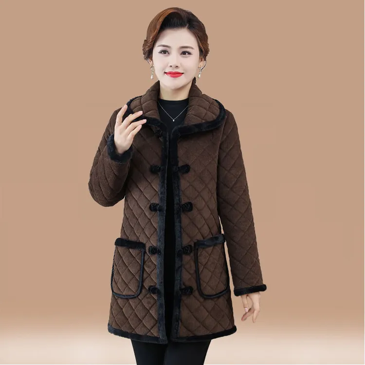 妈妈冬装新款棉衣外套中式棉袄中老年女加绒保暖盘扣大码纯色棉服