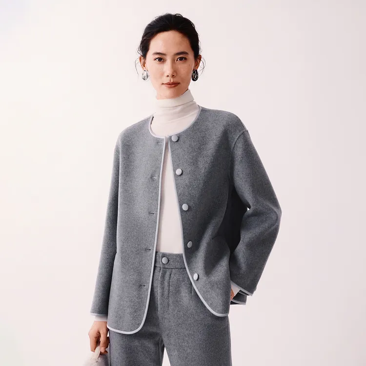 谭飞【栗鼠灰双面呢套装秋冬】冬季新款圆领毛呢外套花灰色直筒裤