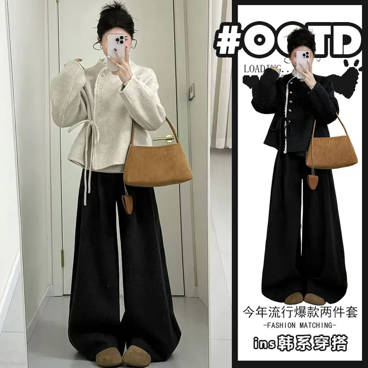2025秋冬新款韩系穿搭小香风蕾丝蝴蝶结毛呢外套休闲裤气质两件套