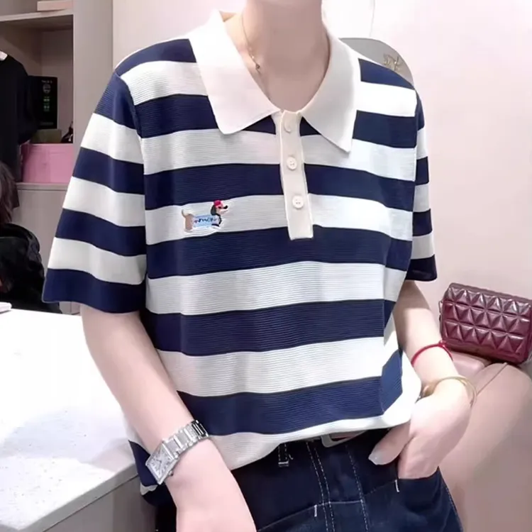 设计感小狗刺绣针织衫女夏季薄款胖MM大码女装时尚polo领短袖上衣