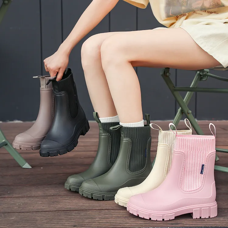 中筒雨鞋松紧口女式切尔西防水防滑耐磨户外穿时尚露营雨靴水鞋女