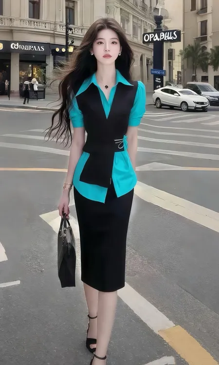 新款温柔知性风设计感衬衫领修身收腰短袖湖蓝色上衣短裙两件套女