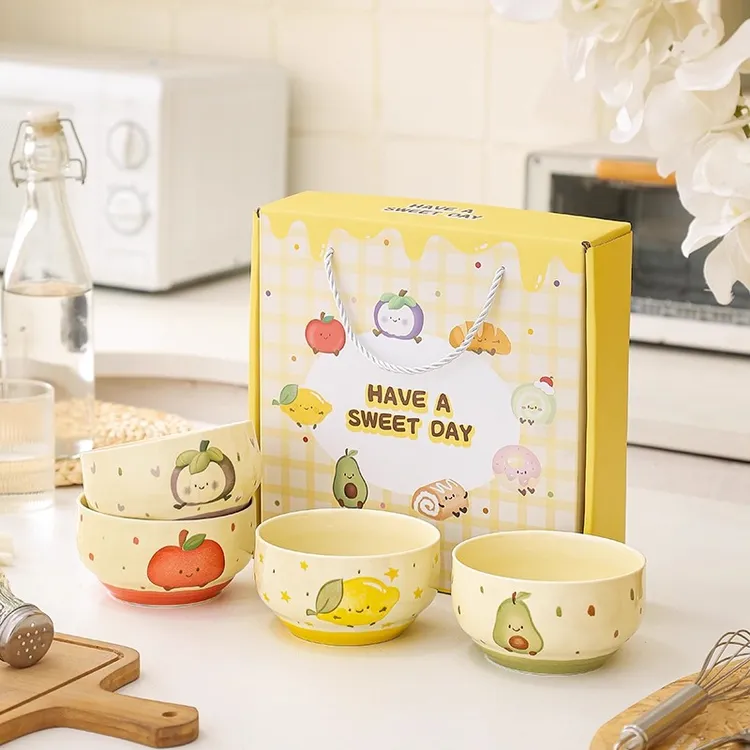 【果然可爱米饭碗礼盒】4.5寸米饭碗4个装家用创意米饭碗礼盒装