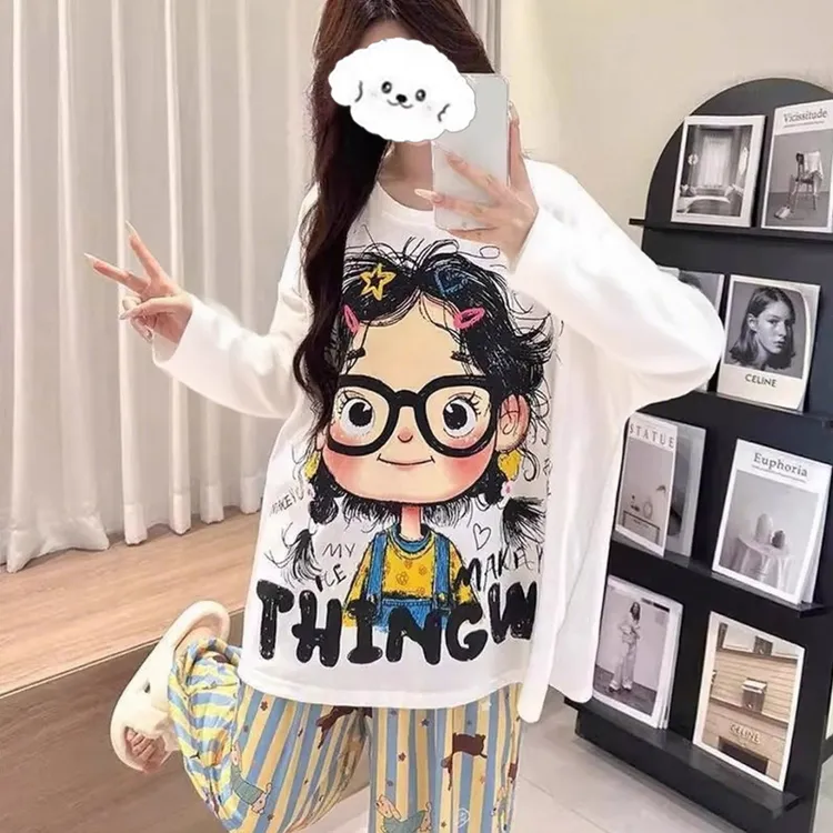 带胸垫云朵棉2025秋季卡通睡衣女士长袖长裤宽松可外穿家居服套装