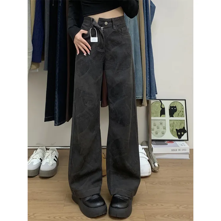 灰色宽松阔腿牛仔裤女2025秋季新款时尚印花设计感直筒垂感拖地裤