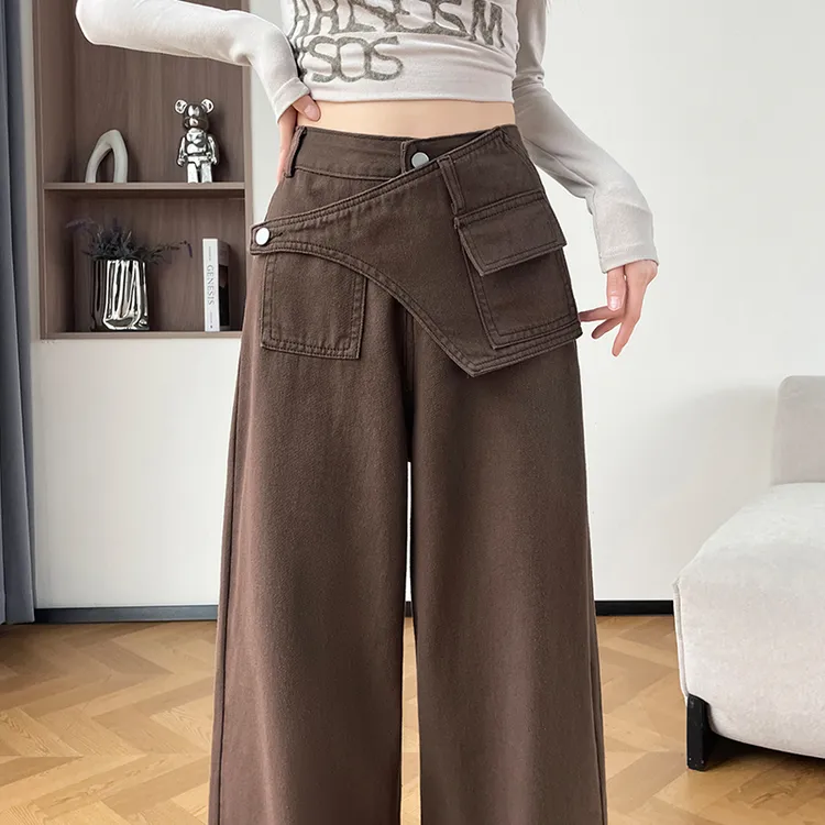 蜜蜜穿搭加绒加厚咖啡色工装风假两件阔腿牛仔裤女2025冬季宽松裤