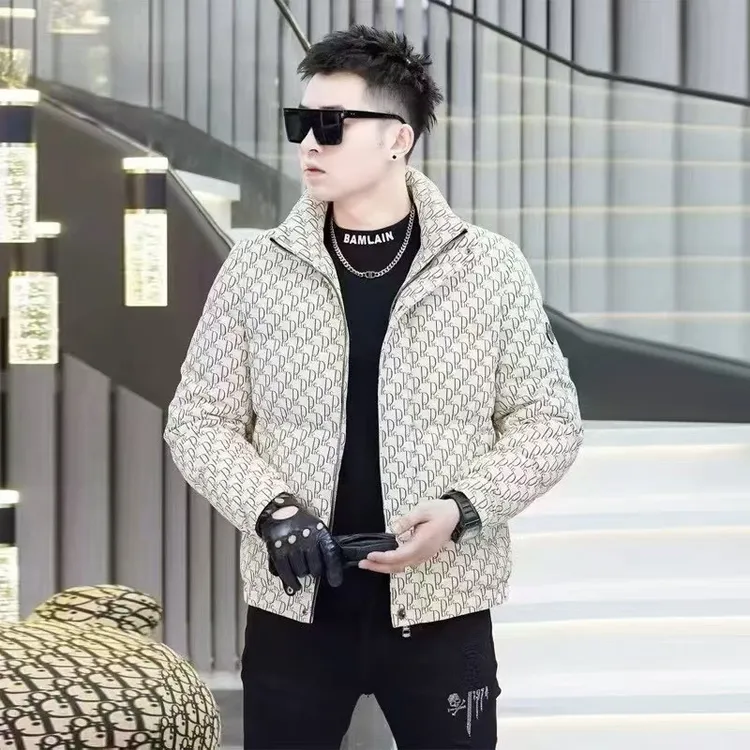 修身型立领保暖男夹克满印百搭男装欧货修身短款外套潮流时尚印花