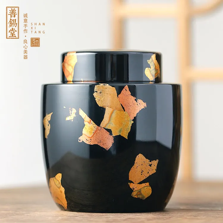 大师新品观自在贴金大漆茶仓高纯锡手工茶叶罐密封储茶罐个旧锡器