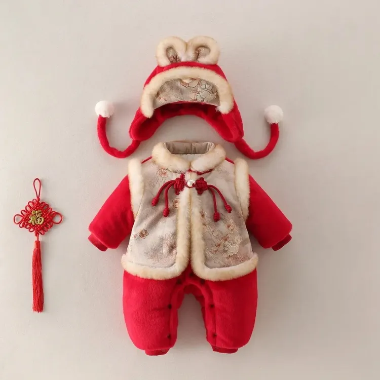 婴儿冬装加绒加棉连体衣服宝宝超萌公主红色喜庆国风外出加厚爬服