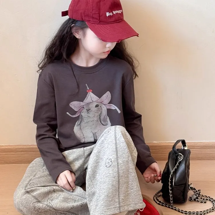 女童秋季卡通打底衫套装2025新款8-15岁中大童洋气花边卫裤两件套