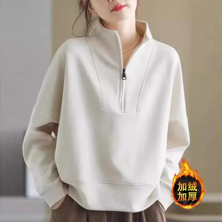 加绒欧货白色立领卫衣女2025秋冬新款大码宽松加厚半拉链套头上衣