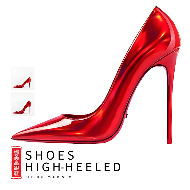 时尚潮流2024气质爆款12cm镭射红色尖头高跟鞋淑女款细跟性感百搭