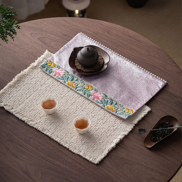 熹吾堂创意刺绣茶席垫手工流苏边干泡茶布家用复古茶具配件茶桌垫