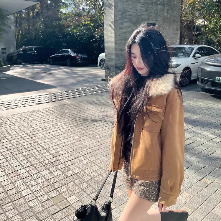 韩系设计感美拉德复古棕色毛毛外套女2025秋冬短款休闲时尚棉服