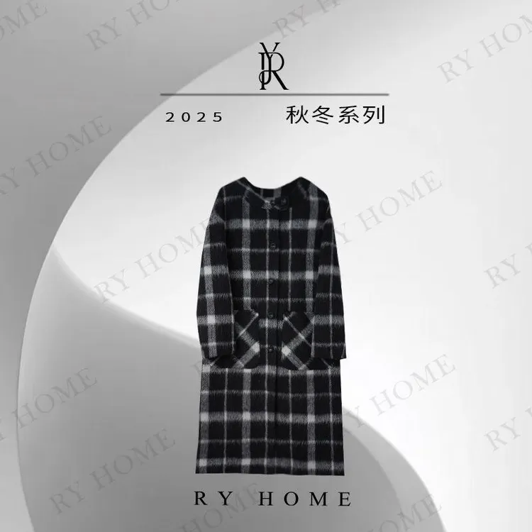 【容雨RYHOME】羊驼毛＋羊毛气质黑白格双面呢大衣253W2674