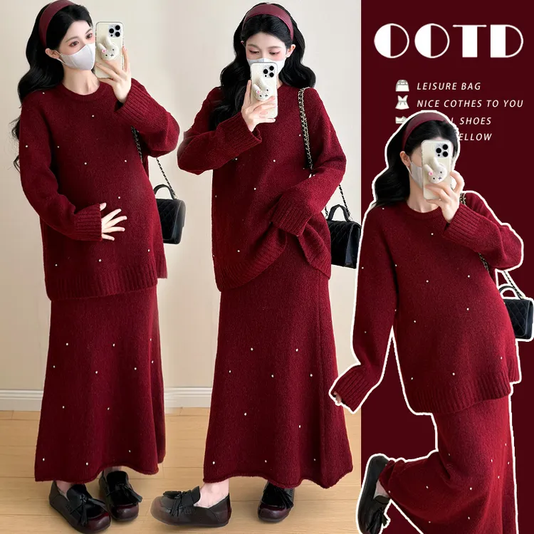 2025新款孕妇装秋冬装时尚韩版半身裙两件套红色宽松毛衣孕期套装