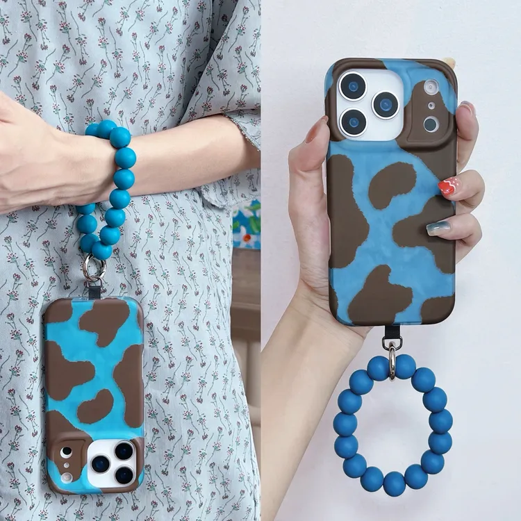 蓝棕奶牛纹适用苹果17pm秋冬iphone16pro串珠14手环15pro手机壳13