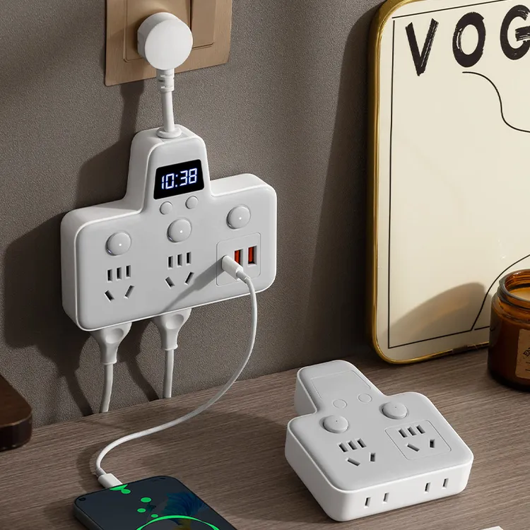 公正午纯铜插座带快充USB时钟插排多功能多口排插家用办公接线板