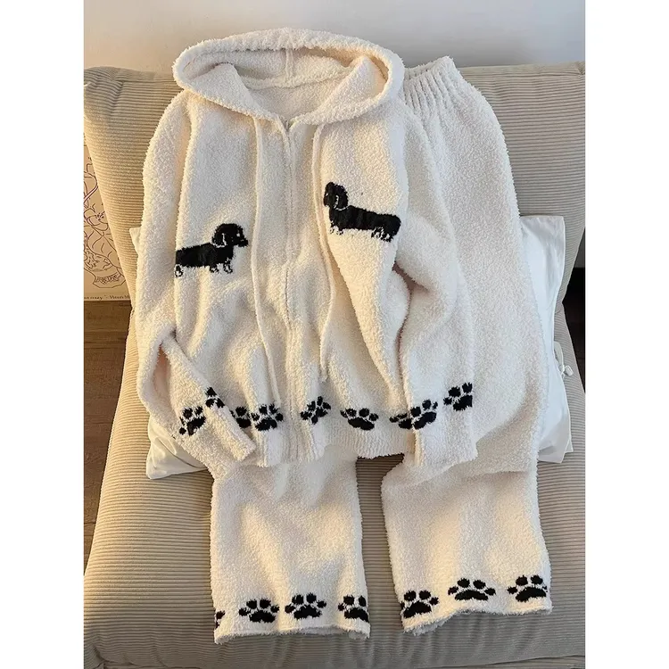 卡通小狗印花针织半边绒连帽保暖睡衣女秋冬加绒可外穿居家服套装