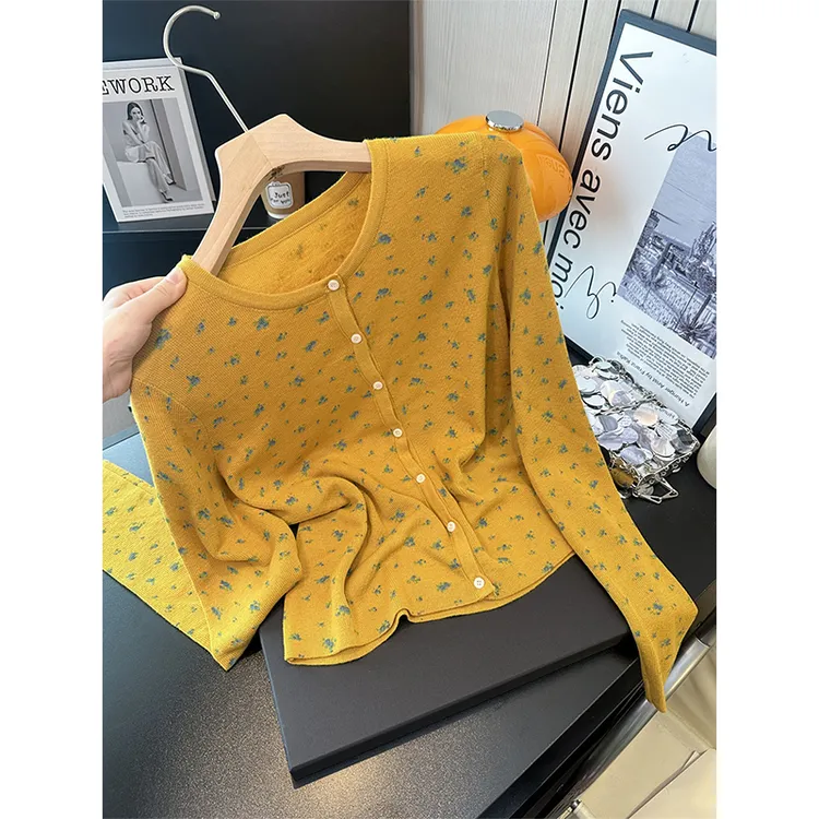 CHAO级推荐~黄色碎花软糯针织开衫女2025年韩系温柔甜美长袖上衣