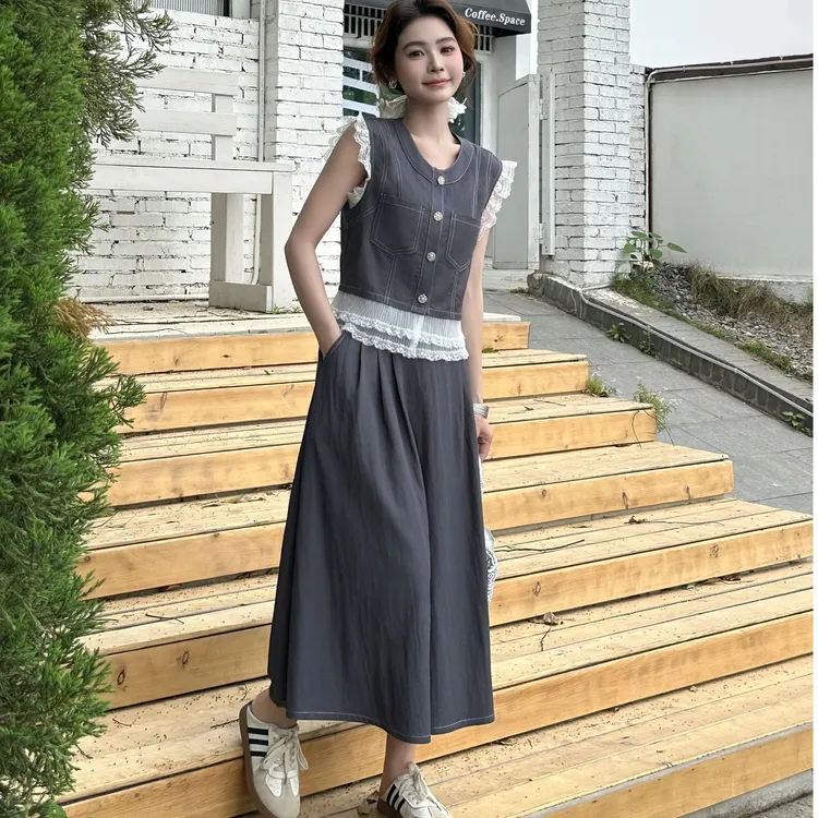 2025夏季韩版时尚百搭天丝牛仔套裙蕾丝花边拼接短上衣高腰半身裙