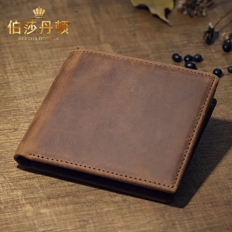 伯莎丹顿男士短款钱包真皮复古横款零钱包头层牛皮潮流手拿卡包男