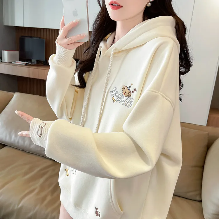 连帽卫衣女2025新款秋冬季韩版宽松加绒加厚重工刺绣卡通学生外套
