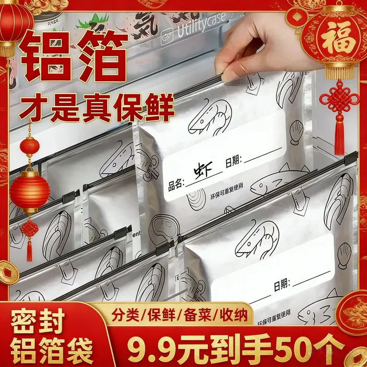 【超划算 50个装】铝箔保鲜密封保鲜 袋家用冰箱食物冷冻专用收纳袋商品图