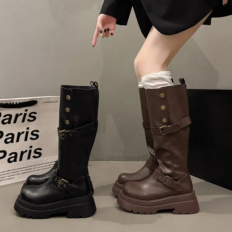 厚底粗跟长筒靴女2025秋冬新款长靴高筒复古英伦风骑士靴