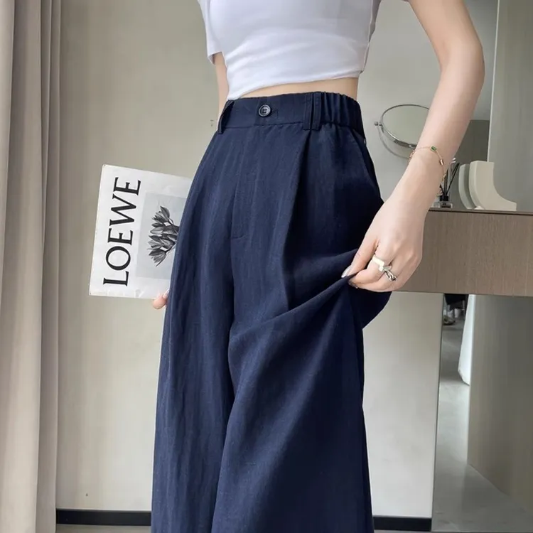 藏青色天丝亚麻阔腿裤女夏季薄款高腰宽松显瘦冰丝垂感棉麻西装裤