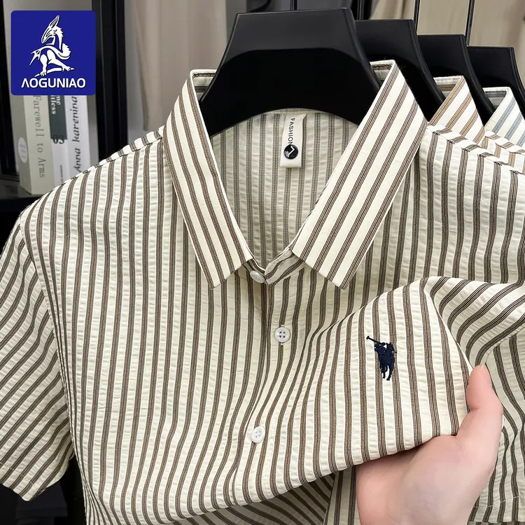澳古鸟夏季长绒棉短袖衬衫男士高档刺绣商务休闲条纹翻领男装衬衫