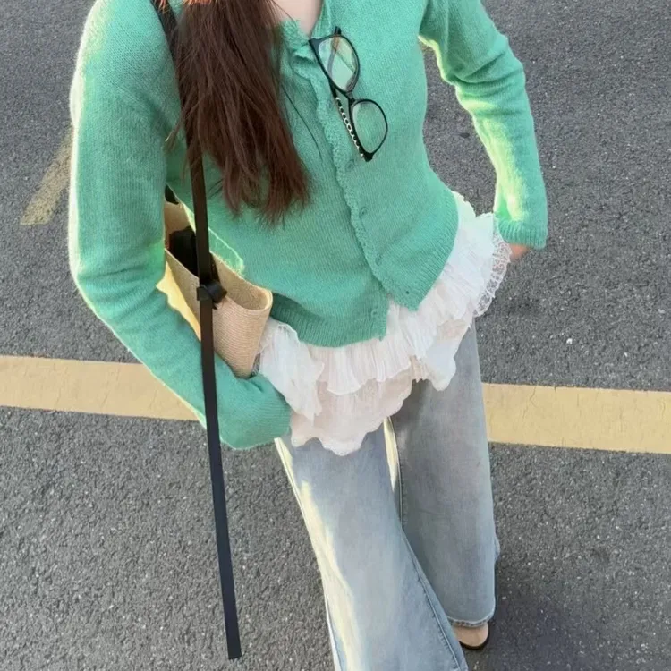 现货 韩系花边圆领针织开衫女2025春季新款宽松显瘦设计感上衣潮