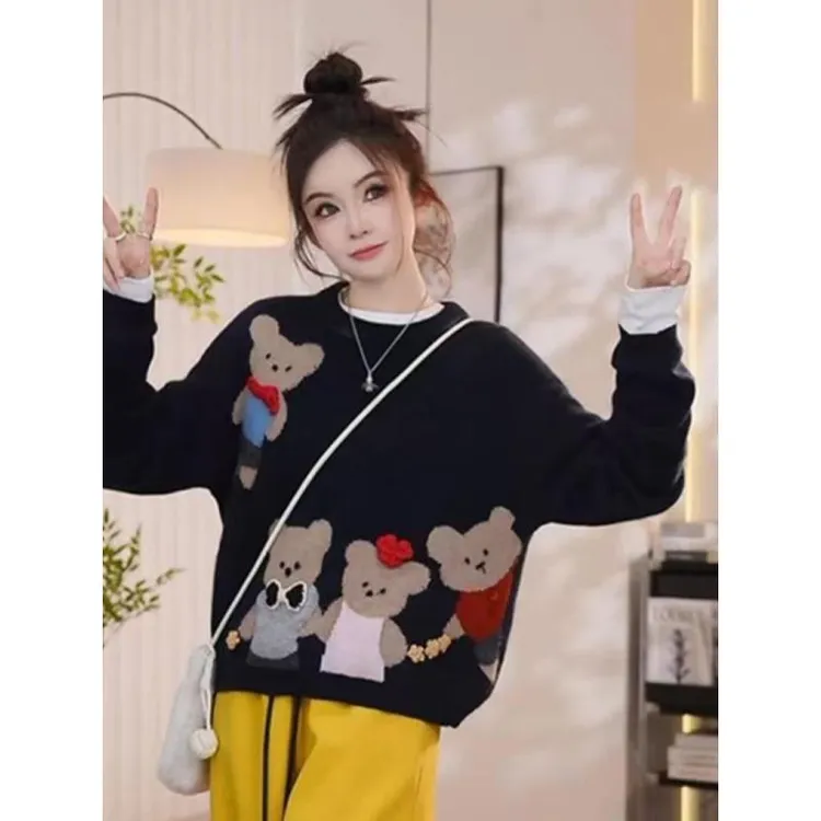 卡通提花圆领长袖套头毛衣女2024年秋冬季新款时尚设计感针织上衣