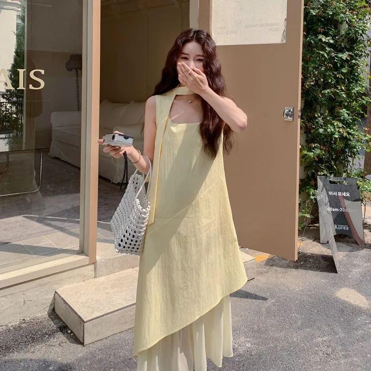 2025气质新款法式配飘带拼接网纱假两件显瘦长款裙过膝背心裙子女