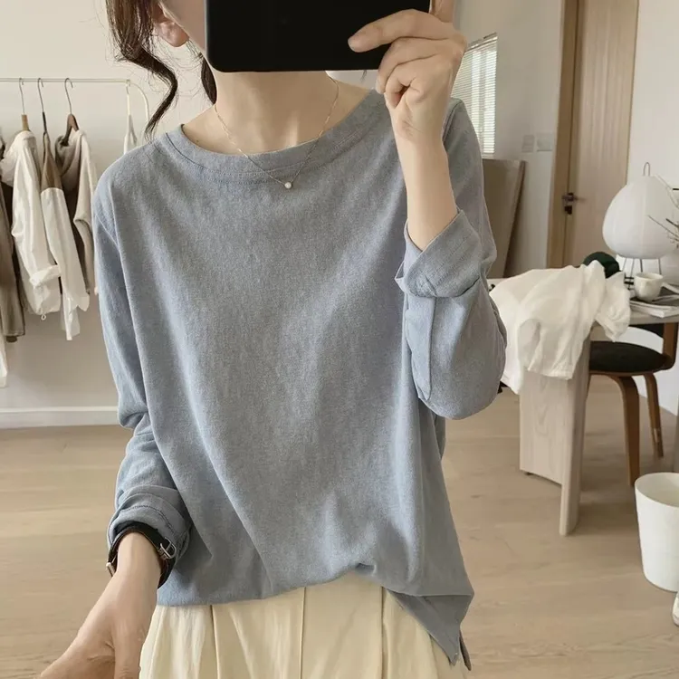 亚麻长袖t恤女秋季新款圆领宽松显瘦简约休闲内搭打底衫韩版上衣 