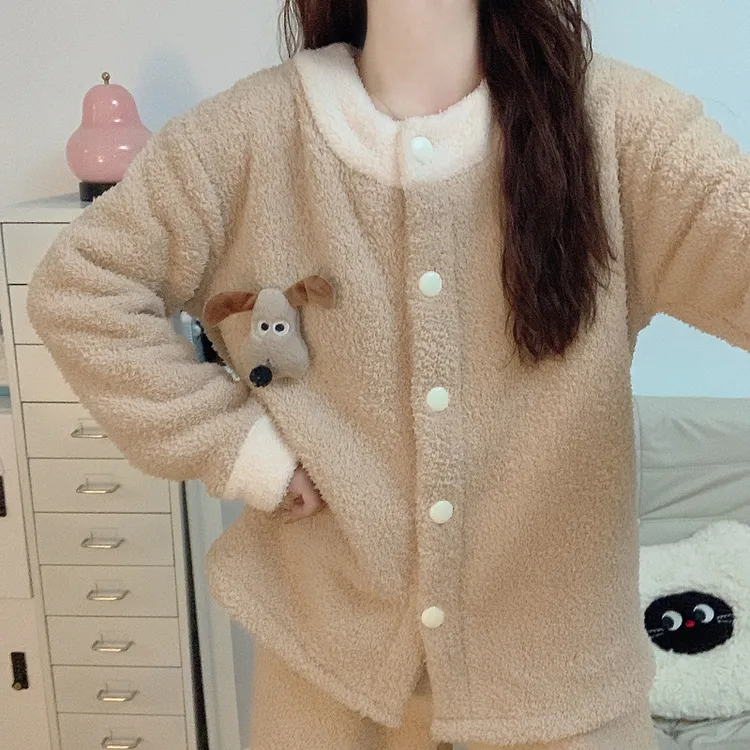 【加绒加厚】珊瑚绒睡衣女款秋冬季卡通帕恰狗法兰绒保暖家居服套装