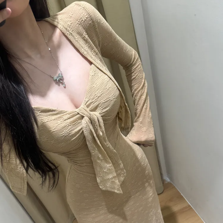 纯欲韩女  修身显瘦弹力蕾丝少女感自带胸垫长裙