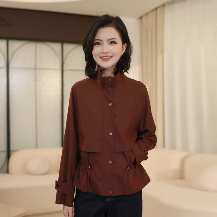 枫竺阿楠anan高级感口袋抽绳收腰长袖纯色立领风衣外套女2025秋季