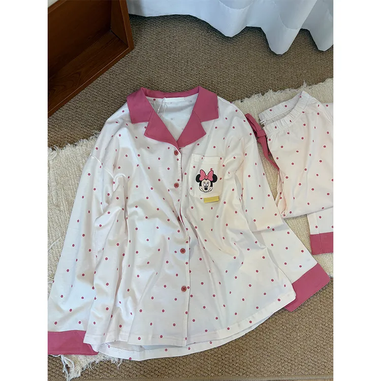 甜美波点卡通米奇印花睡衣女春秋新款宽松舒适长袖长裤家居服套装