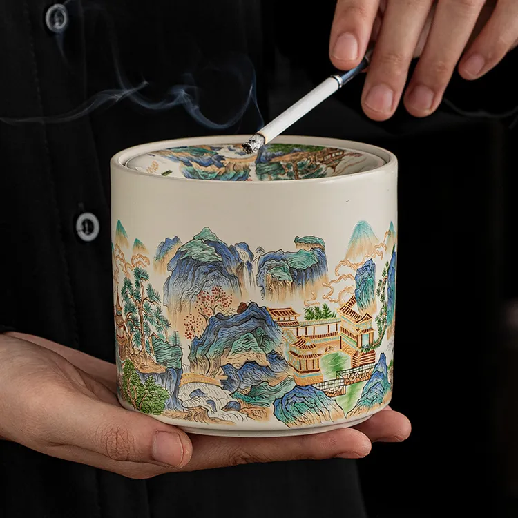 大号山水雅居汝窑烟灰缸带盖防飞灰办公室烟盅家用中式漏斗烟缸