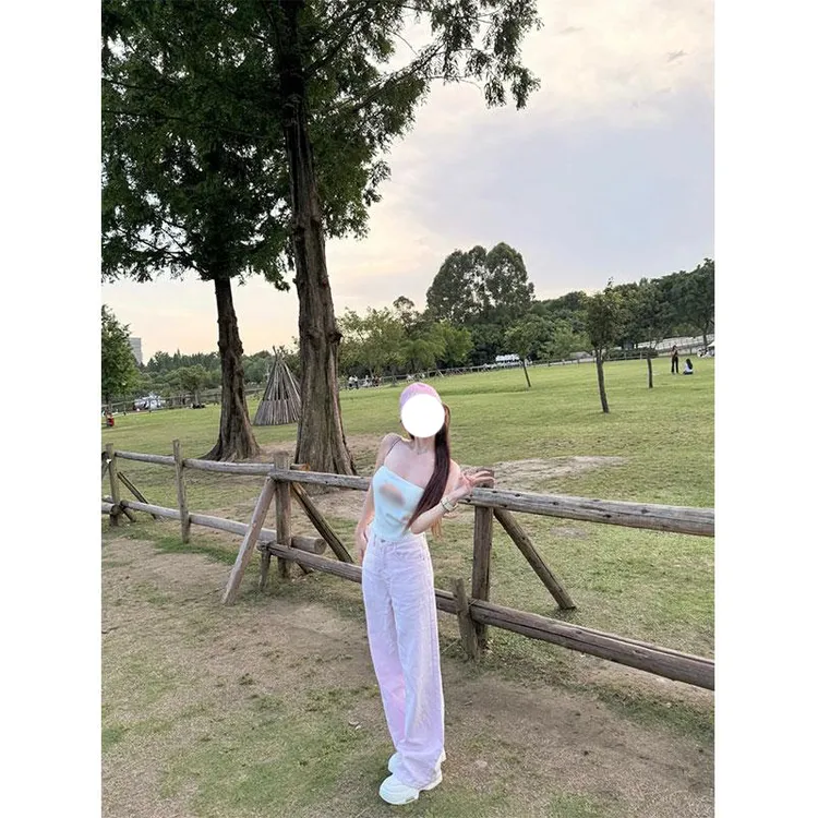 2025夏季新款纯欲性感短款抹胸粉色背心高腰垂感显瘦直筒裤子套装