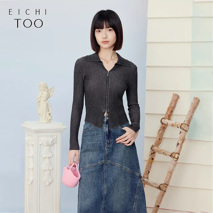 爱居兔新款双色设计感时尚修身短款长袖针织衫ENZAJ1P014A