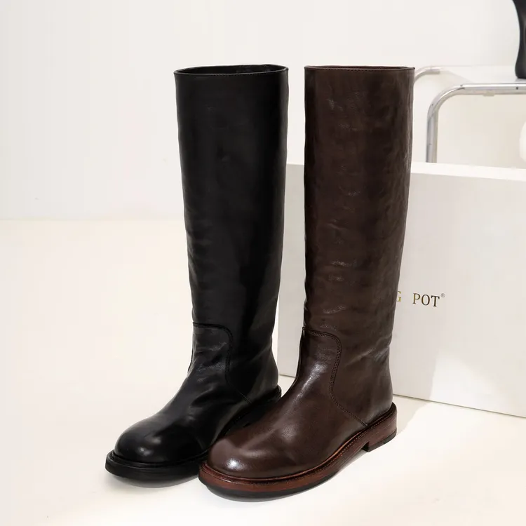 Inking Pot长期主义复古水洗马皮骑士靴粗跟圆头美拉德风秋冬长靴