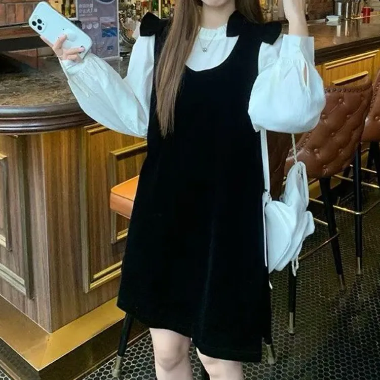 依依家大码女装衬衫和背心裙连衣裙真两件套显瘦打底裙蝴蝶结减龄