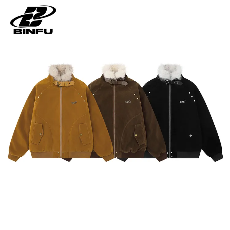 冬季夹克冬装美式复古风高级感阿美咔叽 宽松立领毛领棉服外套