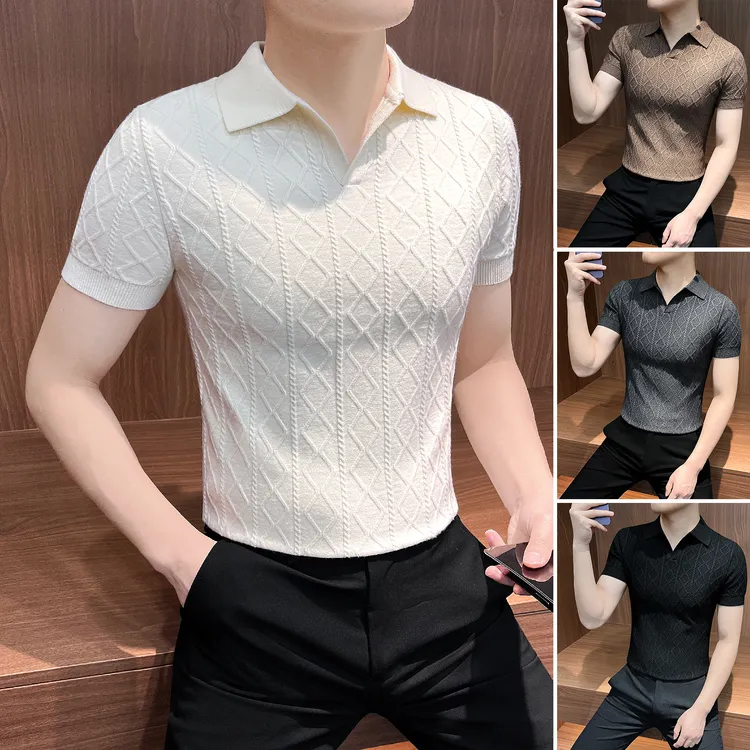 菱形格短袖polo衫男款爆款2025新款痞帅高级感V领针织半袖男士T恤
